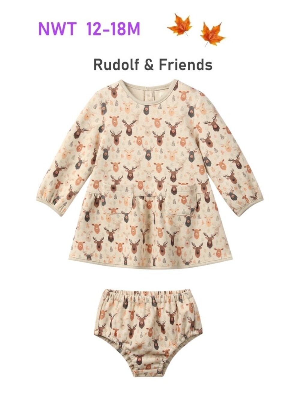 Ettie & H Reindeer & Botanical Theme Fall Cotton Dress w/ Bloomer size 12-18M
